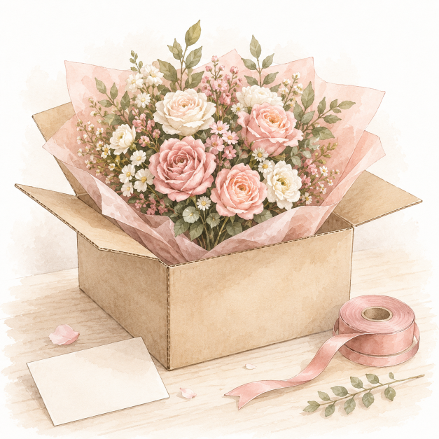 花束を箱に入れて送る準備